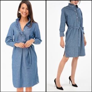 Tory Burch Blue Chambray Ruffle Collar Shirt Dress - Size XS